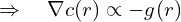 \[ \quad \Rightarrow \quad \nabla c(r) \propto -g(r)  \]